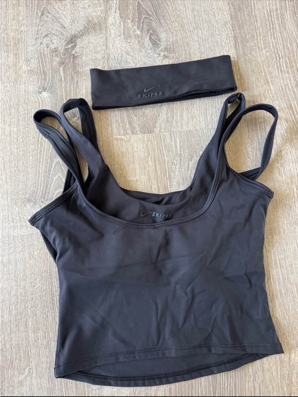 SKIMS NIKE  Black Double-Strap Crop Sports Bra with Matching Headband